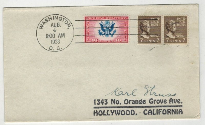 1938 PRESIDENTIAL 812 ANDREW JACKSON CE2 AIRMAIL SPECIAL DELIVERY USAGE