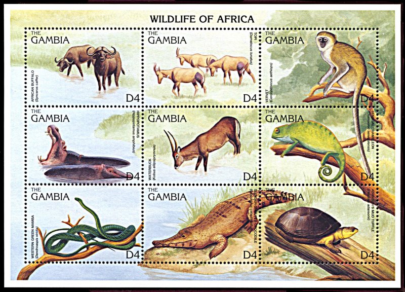 Gambia 1741, MNH, Wildlife of Africa miniature sheet of 9