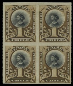 Chile #36var, 1892 1p dark brown and black, block of four, variety imperf. ho...