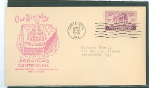 US 782 1936 3c Arkansas Centennial Single On An Addressed, Typed, FDC With An Arkansas Centennial Commission Cachet