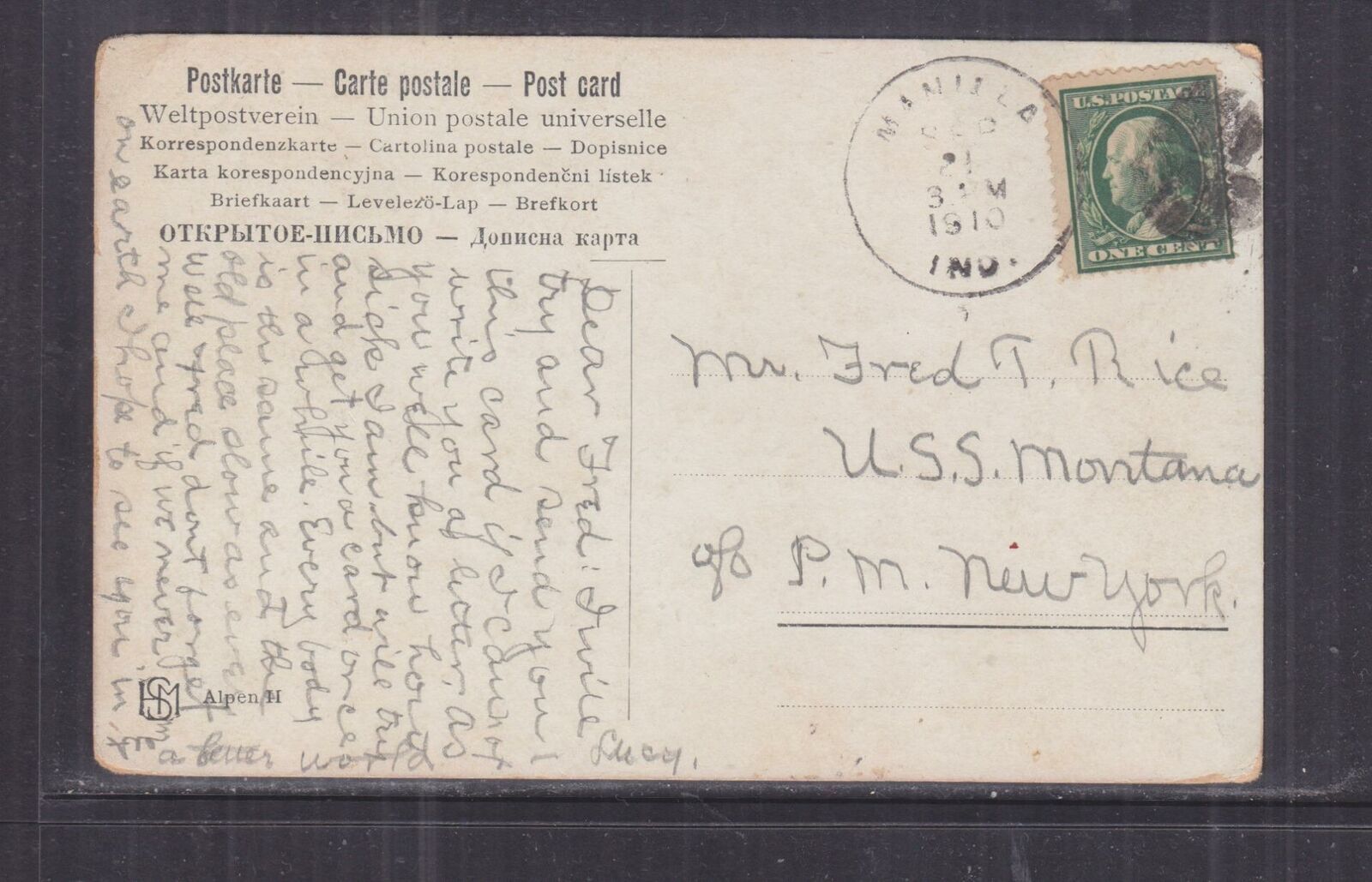 MANILLA, INDIANA, 1910 ppc., 1c. to USS Montana. United States, Stamp