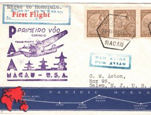 MACAU Air Mail 1937 Cover FIRST TRANSPACIFIC FLIGHT USA *PAA* Cachet China MA370