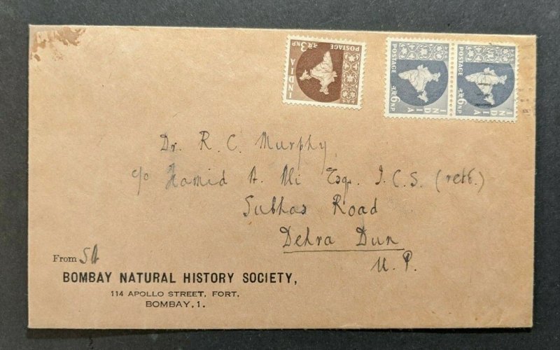 1957 Bombay Natural History Society India Cover to Dehra Dun SG 377 SG 379