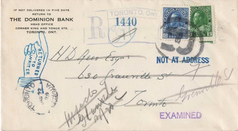 Canada 1924 Registered Drop Letter Admiral Return to Sender Cover Toronto