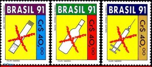 2309-11 BRAZIL 1991 FIGHT AGAINST DRUGS, TOBACCO, HEALTH, MI# 2407-09, SET MNH