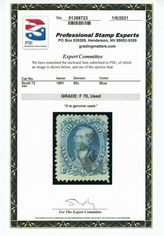 1861 US Stamp #72 90c Used Canceled F/VF Catalogue Value $575 Grade 70 