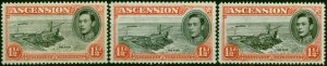 Ascension 1938-49 1 1/2d Black & Vermilion SG40, 40b + 40c All Perfs Fine MNH