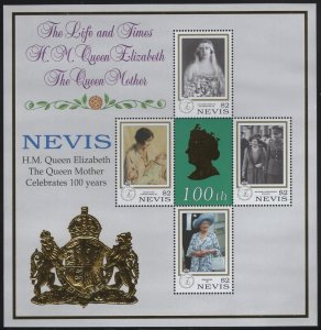 Nevis 1999 MNH Sc 1173 $2 Queen Mother 100th Birthday Sheet of 4 + label