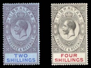 Gibraltar #72-73 Cat$70, 1912 2sh violet and ultramarine and 4sh black and sc...