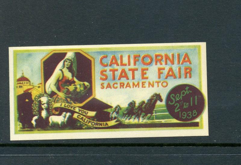 VINTAGE 1938 SACRAMENTO CALIFORNIA STATE FAIR COLORFUL POSTER STAMP (L45)