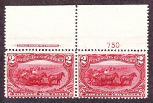 US 286 2c Trans-Mississippi Mint Plate #750 Top Pair F-VF OG NH SCV $160