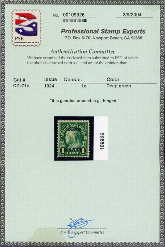 USA (Canal Zone) Scott# CZ #71d, MINT, OG ZONE CANAL SCV $400 (56941)