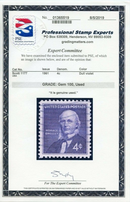 US SCOTT #1177, Used-Gem Graded 100 PSE Certificate (DFP 12/11)