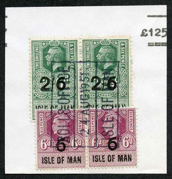 Isle of Man KGV 2/6 Pair and KGVI 6d Pair Key Plate Type Revenues CDS on Piece