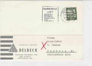 Germany 1962 Krefeld Cancel Night Flight Post Slogan Stamps Card Ref 27927