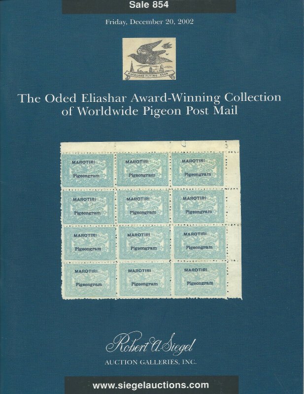 Worldwide Pigeon Post Mail Catalog, Robert A. Siegel, Sale 854, Dec. 20, 2002