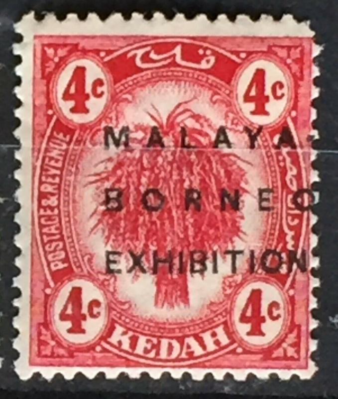 Malaya Borneo Exhibition opt Kedah 1922 Definitives 4c MH shifted print No-Stop