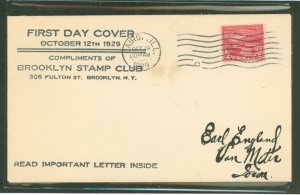 US 681 1929 2c Ohio River Canalization on an addressed first day cover with a Brooklyn Stamp Club cachet.
