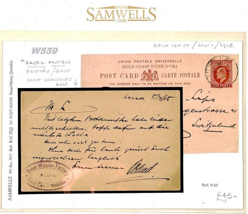 Gold Coast UPU Card *BASEL MISSION FACTORY ACCRA* 1915 {samwells-covers}W559