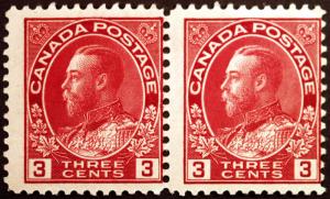 Canada #109 3c Carmine 1923 King George V  Horiz Pair Fresh Mint Lightly Hinged