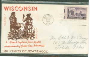 US 957 Wisconsin Statehood Spartan FDC, addressed