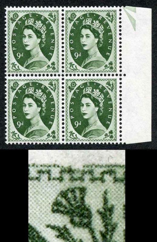 S126C 9d Bronze Green Crowns Wmk Block of 4 with Broken Frame Flaw U/M