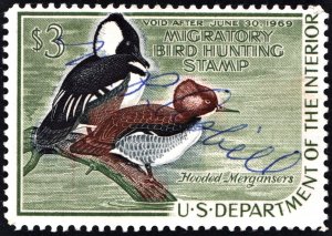 RW35 $3.00 Hooded Mergansers Duck Stamp (1968) Signed