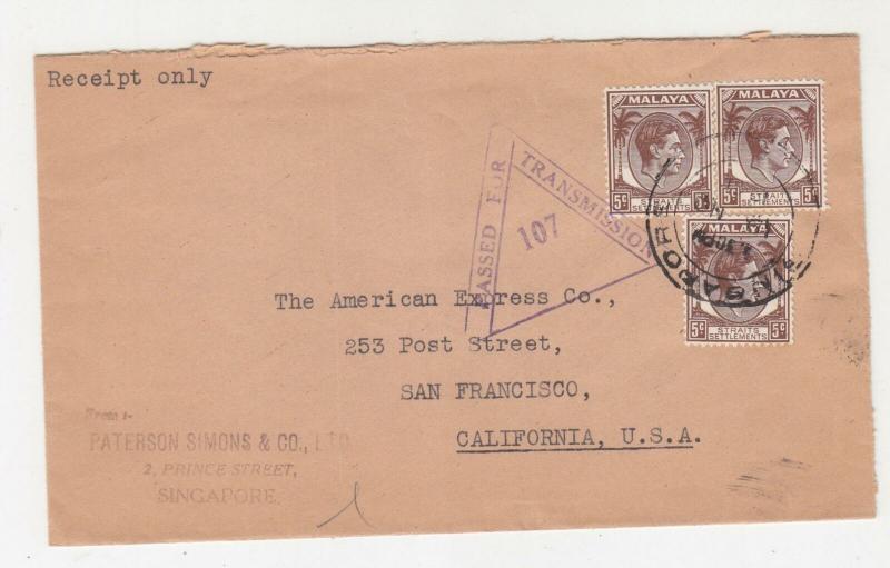 STRAITS SETTLEMENTS, 1941 censored cover to USA, KGVI 5c. Brown (3).