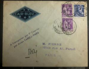 1939 Tarbes France First Flight Airmail Cover FFC To Paris Air Blue