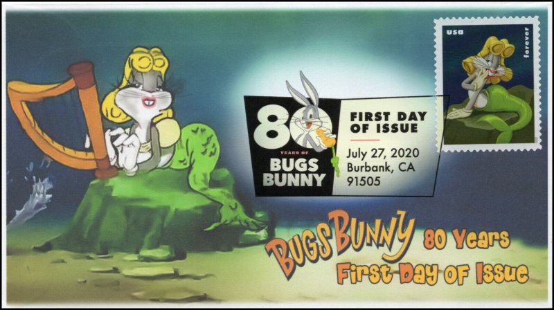 20-202, 2020, SC 5499, Bugs Bunny, First Day Cover, Digital Color Postmark, 80th