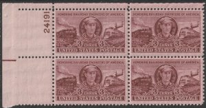 US 993 Railroad Engineers 3c plate block 4 UL 24191 MNH 1950