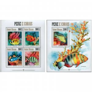 Corals and Fish Stamp Bundle of 2 Chaeton Lunula Chromis Cyanea S/S MNH