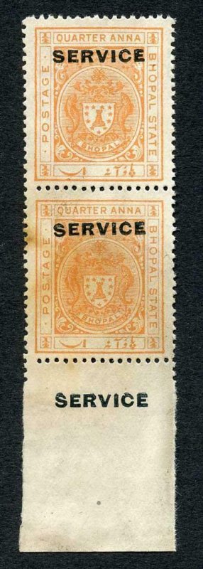 Bhopal SGO313c 1932 1/4a Orange Perf 13.5 Opt SERVICE at TOP Pair (no gum)