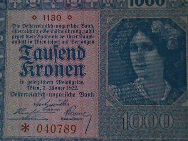 AUSTRIA-AUSTRIAN GOVERNMENT FIRST $1000 KRONEN-UN-CIRCULATED-102 YEARS OLD