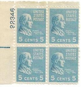 US 810 James Monroe 5c plate block UL 22346 MNH 1938