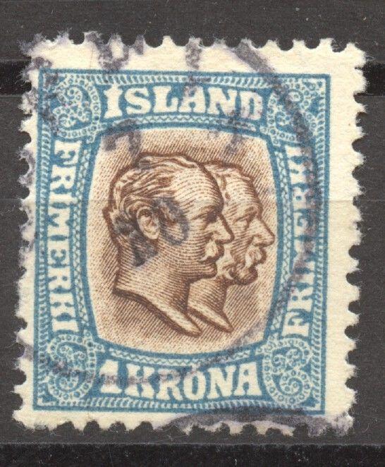 Iceland 1907 Two Kings Scott # 83, the 1 Kr., VF ++ used, no faults