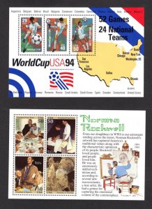 US 1994  World Cup and Rockwell  Souvenier Stamp Sheets #2837 & 2839 MNH