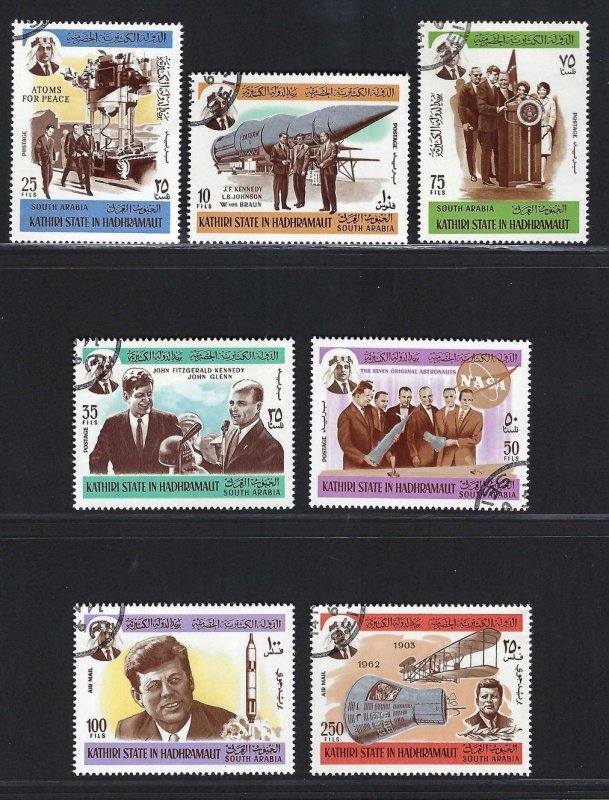 Aden (Kathiri State of Seiyun) Mi #166-172: Kennedy & space, 1967 CTO. CV €3.60