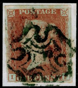 SG8, 1d red-brown PLATE 24, USED. Cat £60. BLACK MX. ON PIECE. 4 MARGINS. IF