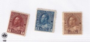 CANADA # 114-115,118 VF-MH KGV ADMIRAL ISSUES CAT VALUE $155 (REF1111)