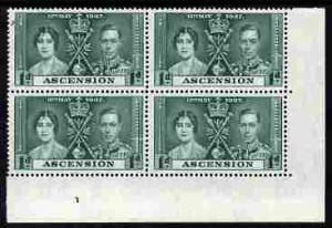 Ascension 1937 KG6 Coronation 1d corner plate block of 4 ...