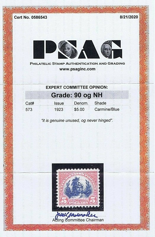 SC# 573 UNUSED OG MNH $5 HEAD OF FREEDOM STATUE 1923 2020 PSAG CERT GRADED XF 90