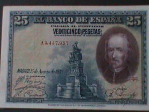 SPAIN-1928-BANK OF SPAIN-$25 PESETAS -LT-CIRCULATED NOTE VF-96 YEARS OLD