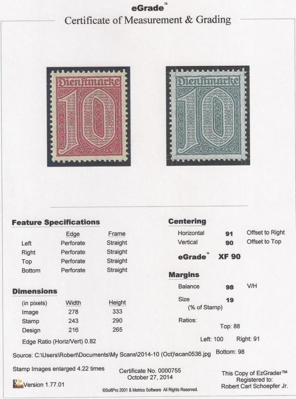 Germany #O2 10PF Numerials Stamp M OG NH EGRADED XF 90 XXF