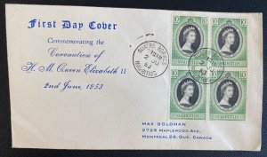 1953 Mauritius First Day Cover Queen Elizabeth 2 coronation Stamp Block To Canad