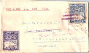 Venezuela 25c and 1.70P Airplane and Map of Venezuela 1932 Caracas Airmail to...