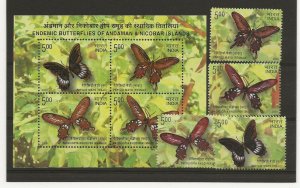 India 2008 Butterflys of Andaman and Nicobar Islands ser of 4 and min sheet  MNH