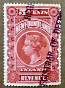 1898 NFR1 Newfoundland Revenue, used , 5 CENTS, Queen Victoria, CV $200.00