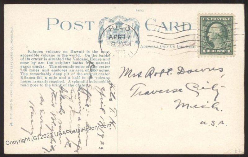 Hawaii USA 1920 Used Postcard Territory Territorial Cover 109058