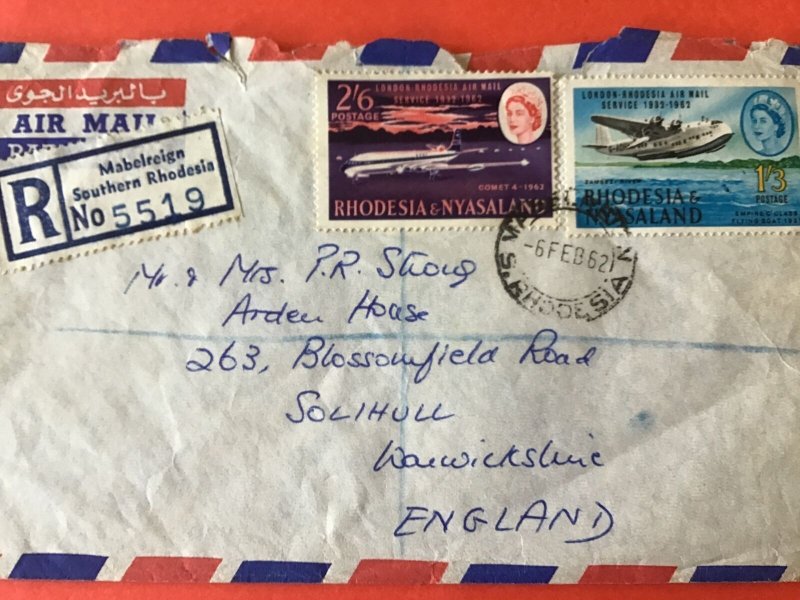 Rhodesia and Nyasaland 1962 to England Registered  Air Mail Stamp Cover R45717 